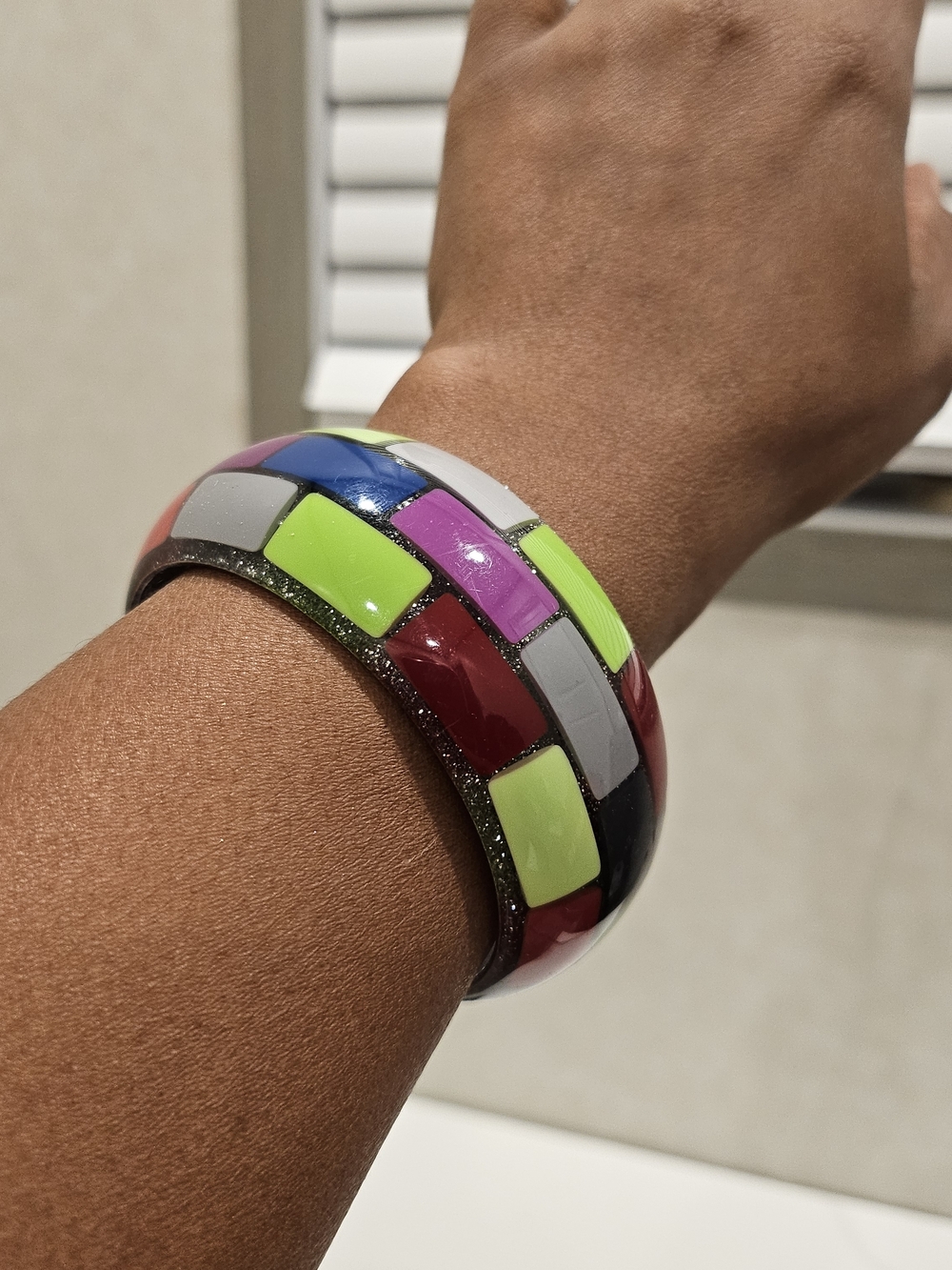 Multicolor Mosaic Enamel Bangle Bracelet - Neon Green & Pink